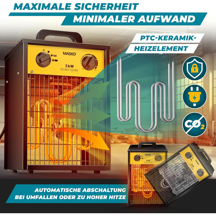 Електричний обігрівач MASKO, вентилятор-обігрівач, будівельний обігрівач, керамічний радіаційний обігрівач, електричний нагрівальний пристрій з термостатом, електричний обігрівач з 3 режимами нагріву, вентилятор-обігрівач для використання всередині та зов