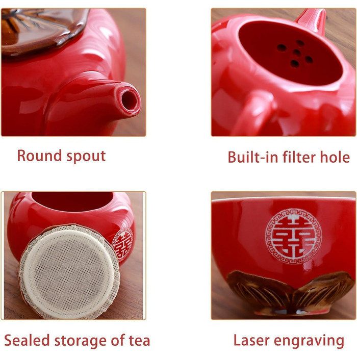 Чайний сервіс Кунгфу Традиційний китайський керамічний набір для чаювання молодят, святковий червоний колір, ідеально підходить для церемонії та весільного святкування