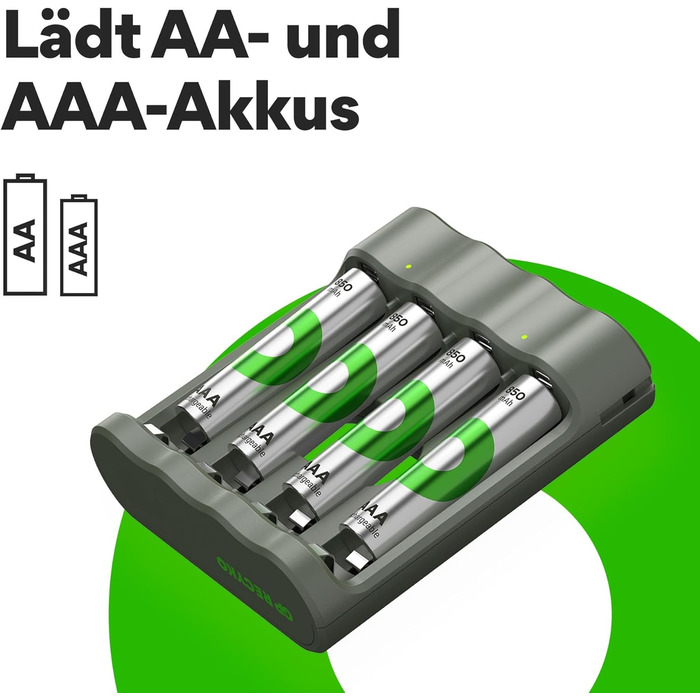 Зарядний пристрій GP ReCyko USB AA AAA, включаючи 4 акумуляторні батарейки AAA 850 мАг, NiMH 1.2V, зарядний пристрій з акумуляторними батарейками AAA