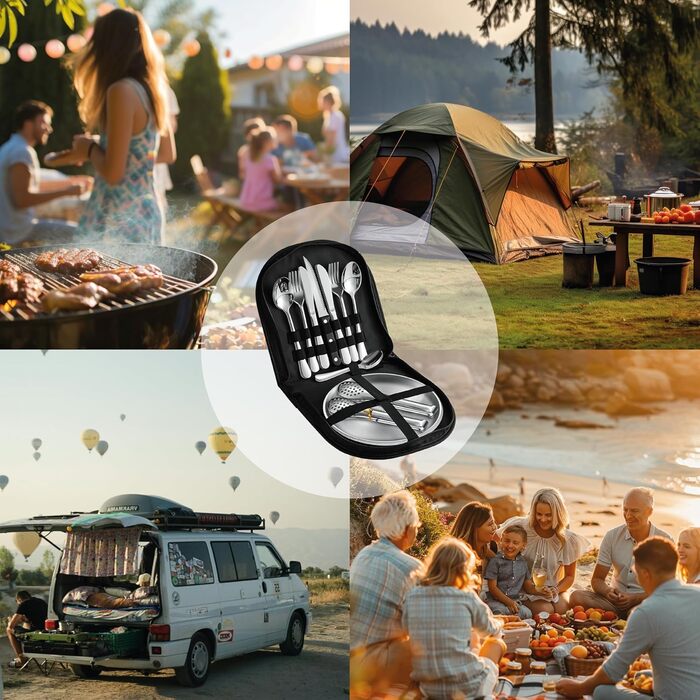Предметний набір посуду для кемпінгу на 4 особи Набір столових приборів з виделками, ножами та ложками з нержавіючої сталі Портативні столові прибори для активного відпочинку, пікніків та барбекю. (Включає 4 чайні ложки) (Полегшена версія) Полегшена версі