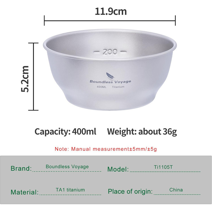 Мл титанова чаша-тарілка надлегка одностінна чаша-тарілка для кемпінгу на відкритому повітрі кухонне начиння з сумкою для перенесення Ti1105T Ti1105t-400 мл чаша, 400