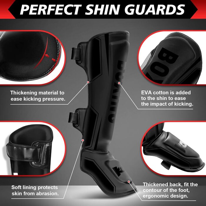 Щитки для гомілок NZQXJXZ для кікбоксингу з боксерськими рукавичками 16 унцій, щитки для гомілок муай-тай, регульовані захисні накладки на ноги із захистом підйому стопи, обладнання для тренувань з бойових мистецтв, ММА та спарингу