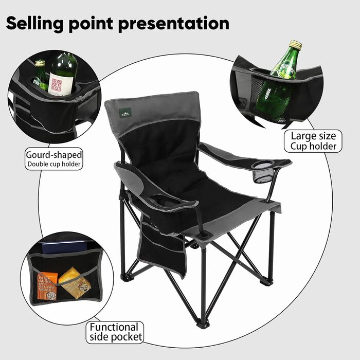 Складаний кемпінговий стілець Northroad, м&39який складний стілець з підставками для чашок та боковими кишенями, витримує до 136 кг, портативний рибальський стілець для пікніків, активного відпочинку на свіжому повітрі, походів - чорний