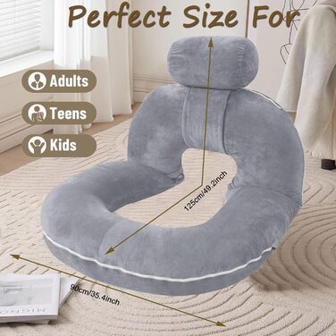 Подушка для читання для ліжка та дивана, подушка для спини для читання зі знімним валиком для шиї, ергономічна подушка для спинки, комфортна подушка для дорослих, U-подібна подушка для вагітних для ліжка та дивана (сіра)