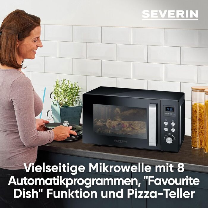 Мікрохвильова піч SEVERIN 3-в-1 з функцією гриля та конвекції до 200 C, міні-піч з функцією попереднього підігріву, мікрохвильова піч з тарілкою для піци з антипригарним покриттям, чорна, MW 7752 25L, гриль та функція конвекції