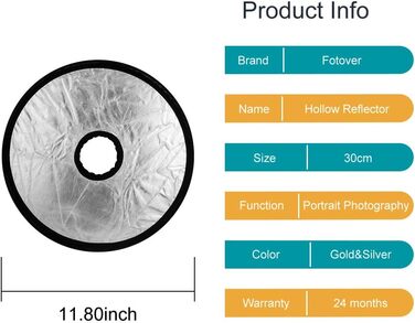Фотовер 30 см 2 в 1 круглий складаний рефлектор порожнисті лінзи кріплення світловідбивач, золото срібло (12 дюймів) 30 см порожнисте золото срібло