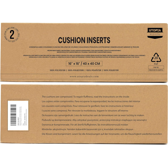 Комплект постільної білизни Utopia з 2 наповнювачів подушок 40 х 40 см, Внутрішня подушка Наповнювач Подушка Диванна подушка (біла
