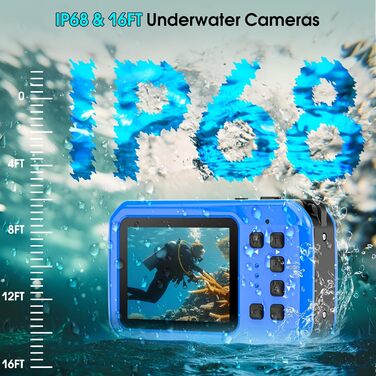 Підводна камера 4K UHD, 64-мегапіксельна цифрова камера з автофокусом, водонепроникна з картою пам&39яті 32 ГБ, захист IP68 та 16-футова підводна камера з IPS HD екранами, 16-кратним плаваючим цифровим зумом, підсвічуванням, для підводного плавання UP014B