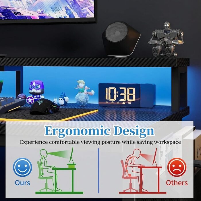 Г-подібний стіл Grandder зі світлодіодним освітленням та розетками, ігровий стіл 120 см з 2 полицями, комп&39ютерний стіл з підставкою для монітора, робоча станція для домашнього офісу, карбоново-чорний колір 120 x 70 см, чорний колір, імітація карбону