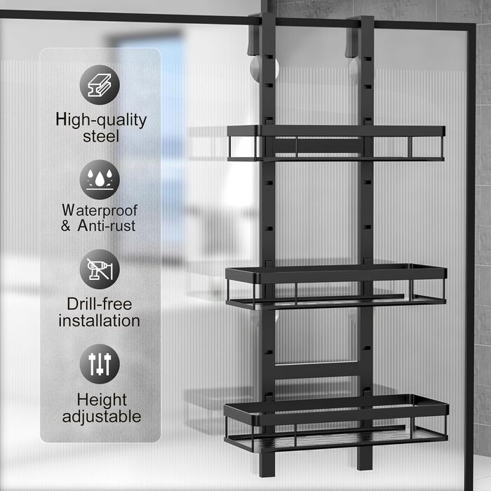 Полиця для душу навісна, органайзер для ванної кімнати без свердління на стінку душу з 3 кошиками для шампуню (Чорний, 3-ярусна)