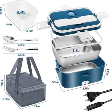 Електричний ланч-бокс 100 Вт 1,8 л 3-в-1 12 В/24 В/220 В з підігрівом, портативний для автомобіля/вантажівки/офісу/дому з виделкою та ложкою, синій