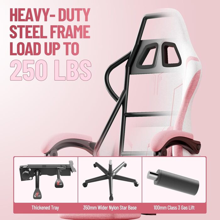 Ігрове крісло з поперековою опорою, дихаюча високоякісна тканина та штучна шкіра, ергономічне офісне крісло, крісло для ПК, регульована спинка, міцне ігрове крісло, висувна підставка для ніг, рожева бавовна та льон, рожева нова версія