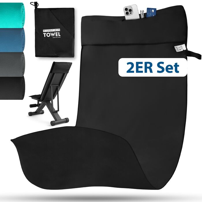 Рушники Novent Fitness з мікрофібри, 2 шт., 120x50 см, спортивні рушники з кишенею на блискавці, компактні, нековзні та швидковисихаючі, для тренажерного залу, спорту, подорожей, чорні