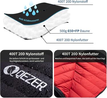 Пуховий спальний мішок, зимовий спальний мішок, наповнений качиним пухом щільністю 650. Сертифіковано RDS. Підходить для температур від 8C до -30C, ідеально підходить для кемпінгу та альпінізму. Чорний 8C