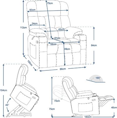 Крісло-реклайнер для телевізора M MCombo з електричним підйомником, 3 двигуни, окремо регульована спинка та підставка для ніг, крісло-реклайнер з функцією горизонтального положення до 165, регульований підголівник, 7546 (тканина, сірий)