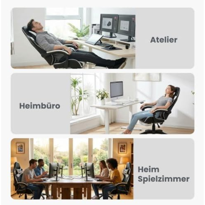 Ігрове крісло з поворотом на 360, ергономічне офісне крісло, регульоване по висоті з підставкою для ніг офісне крісло з підголівником та поперековою подушкою, гоночний дизайн, висока шкіряна спинка для офісу та ігор, білий/чорний