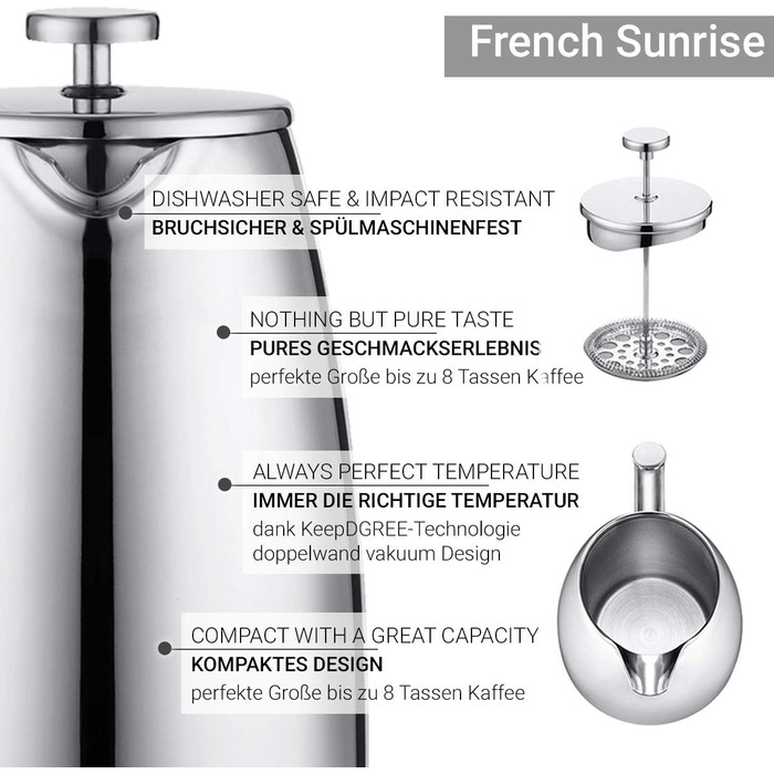 Френч-прес з нержавіючої сталі 720 DGREE Sunrise - 1 літр - без бісфенолу А - кавоварка, кавник з постійним фільтром - Елегантний кавник на 4-8 чашок Ідеальна насолода кавою