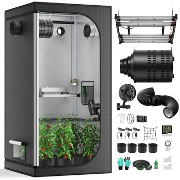 Комплект для вирощування Growzelt, 240W, 100x100x200 см LED-лампа повного спектру з вбудованим контролером та система вентиляції 17 см з вугільним фільтром, гідропонний гроубокс з термометром