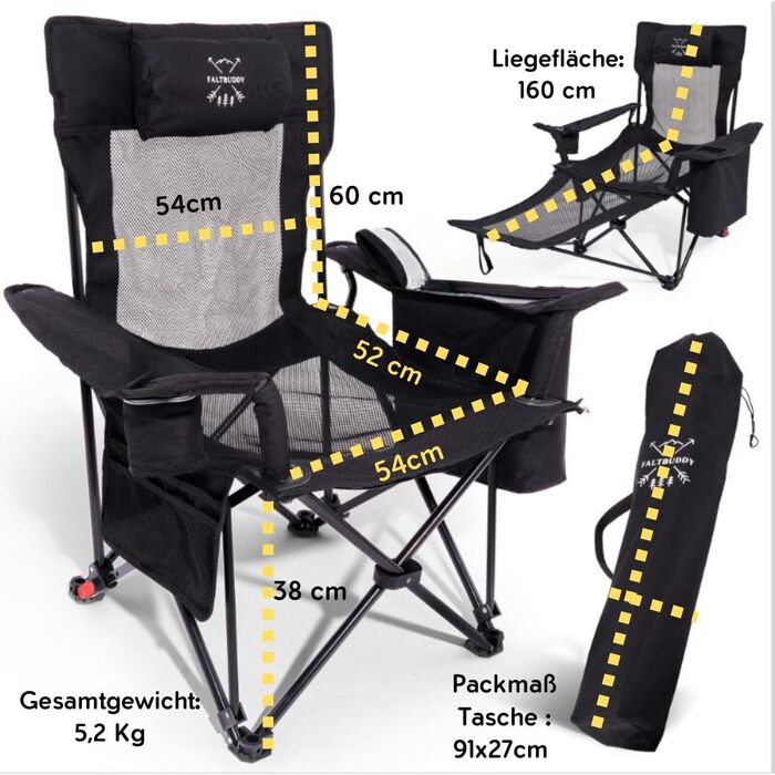 Складане крісло для кемпінгу та крісло-відкидка 2-в-1 180 кг Чорний Сумка-холодильник XXL Складане крісло I Складане крісло I Рибальське крісло Шезлонг для кемпінгу Пляжний шезлонг Складаний Легкий - Рибалка Пляж Фестиваль Відкритий