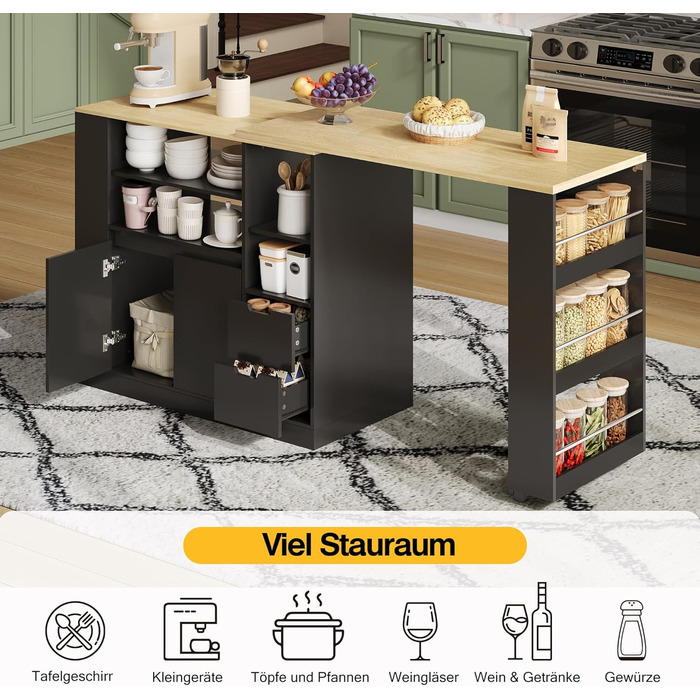 Барний стіл з місцем для зберігання, кухонний острів з висувною стільницею та функцією повороту на 360, рухомий бічний столик з тристоронніми полицями та 2 шухлядами, кавова барна стійка, чорний, 115x50x92 см A-чорнийнатуральний