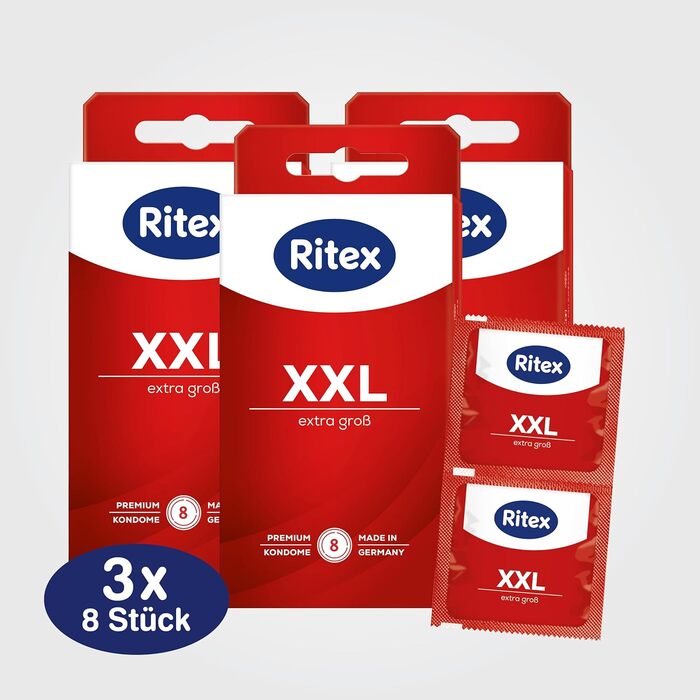 Презервативи Ritex XXL - дуже великі - з більшим простором для дуже великих розмірів, 24 презервативи 8 шт. (3 упаковки) Зроблено в Німеччині