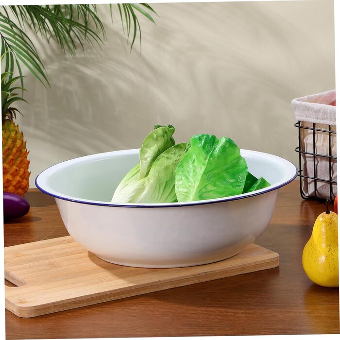 Емальована миска для змішування з армованої емалі 34 см, велика вінтажна, для миття овочів та домашнього використання, біла універсальна кухонна миска