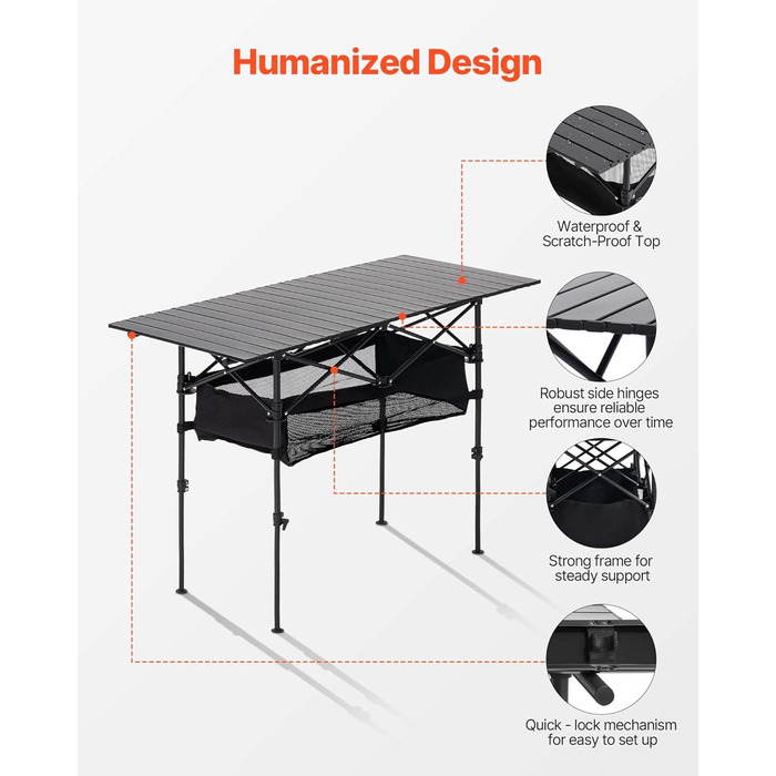 Складаний фуршетний стіл VEVOR, портативний універсальний стіл, 120 см, прямокутний алюмінієвий стіл (для 4-6 осіб) з регульованою висотою та сумкою для перенесення, садовий стіл, кемпінговий стіл для вечірок та пікніків, чорний