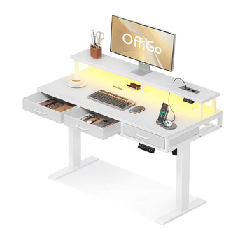 Електричний письмовий стіл OffiGo з шухлядами, стіл з регульованою висотою 120 см та підставкою для монітора, стіл для роботи стоячи з розетками та світловою стрічкою, офісний стіл з регульованою висотою, білий 120 x 54 см