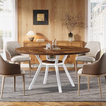 Круглий обідній стіл Tribesigns для 4 осіб, круглий обідній стіл 120 см з металевою основою, кухонний стіл з полицею для зберігання для дому, їдальні, вітальні, білий (коричневий)