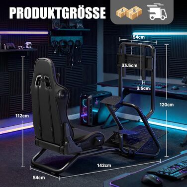 Кабіна симулятора GTPLAYER, підставка для керма для гоночного симулятора з 3D-стереодинаміками, кріпленням для монітора, регульованим кріпленням для керма, кріпленням для перемикання передач та педалями (чорна)