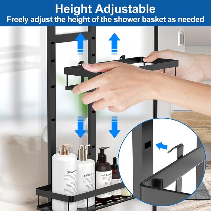 Полиця для душу навісна, органайзер для ванної кімнати без свердління на стінку душу з 3 кошиками для шампуню (Чорний, 3-ярусна)