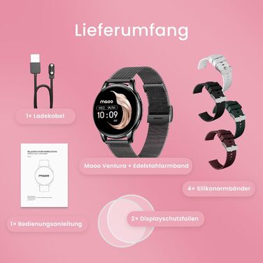 Розумний годинник maoo Ventura для жінок із функцією дзвінків, 1,32-дюймовий AMOLED-дисплей, монітор серцевого ритму, SpO, монітор артеріального тиску, понад 100 спортивних режимів, водонепроникність IP67, 5 браслетів у комплекті (чорний)
