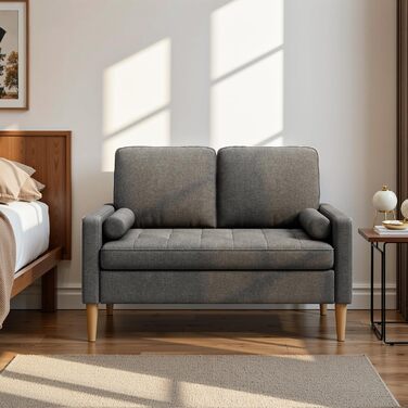 Місний диван, 2-місний диван, маленький диван з 2 декоративними подушками, міні-диван з підлокітниками, для вітальні, спальні, квартири, офісу, 121 x 77 x 87 см, темно-сірий, 2-