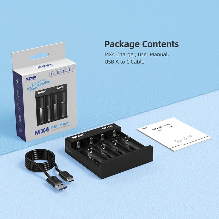 Універсальний зарядний пристрій XTAR MX4 для акумуляторів типу AA/AAA - Розумний зарядний пристрій для літій-іонних акумуляторів 1,5 В, літій-іонних акумуляторів 3,7 В, літій-полімерних акумуляторів 3,2 В та нікель-металгідридних акумуляторів 1,2 В з авто