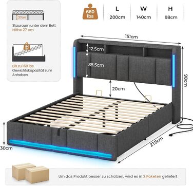 М&39яке двоспальне ліжко 140x200 з ящиком для зберігання, гідравлічне ліжко з місцем для зберігання зі світлодіодним освітленням та розетками, ліжко 140x200 см з узголів&39ям для зберігання, рейковий каркас, льон, темно-сірий (без матраца) 140 x 200 см те