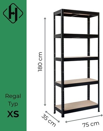 Міцний стелаж типу XS - ВxШxГ 180 x 75 x 35 см - Чорний - Вантажопідйомність 750 кг - Безболтовий стелаж з 5 полицями - Навантаження на полицю 150 кг - Зроблено в ЄС - Міцний металевий стелаж - Стелаж для зберігання - Стелаж для майстерні типу XS - 180 x 