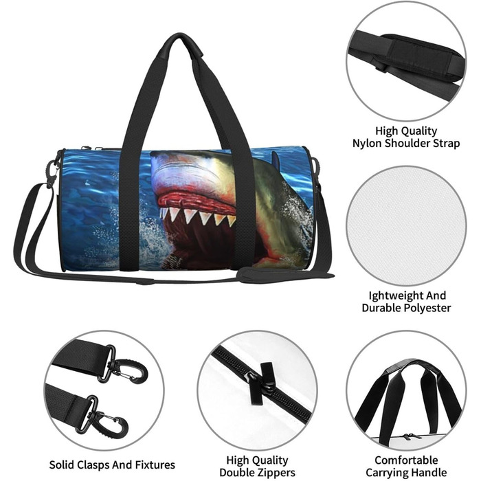 Спортивна сумка для подорожей, дизайн Акуляча голова, чорна, універсальний розмір