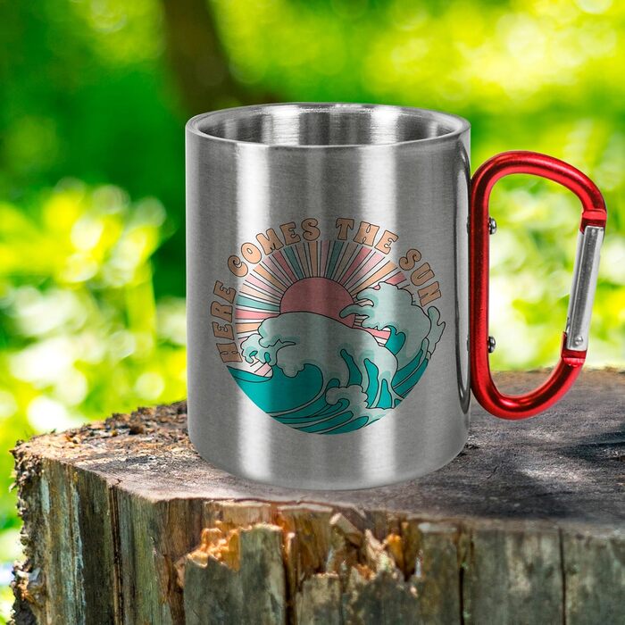 Металева кружка з нержавіючої сталі з карабіном, приблизно 330 мл, Сонце сходить - Кемпінгова кружка - Подарунки для чоловіків та жінок на свята