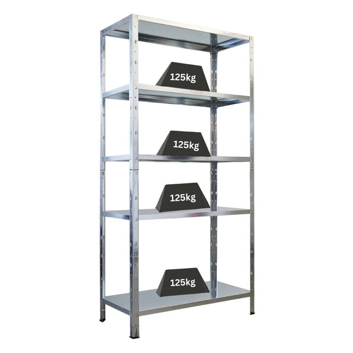 Надміцний стелаж з металевими полицями, ВxШxГ 180x90x40 см, 5 рівнів, навантаження на полицю 125 кг, оцинкований, металевий, металевий стелаж, кухонний стелаж, стелаж для підвалу, стелаж без болтів, гаражний стелаж, стелаж для зберігання, 180x90x40 см, оц