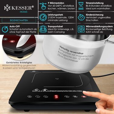 Індукційна варильна поверхня KESSER Індукційна варильна поверхня 1 тарілка 2100 Вт портативна 28 см 3 тканини з мікрофібри книга рецептів, 9 налаштувань нагріву, 8-годинний таймер, сенсорне керування, функція бустера 220-240 В Конфорки - 1