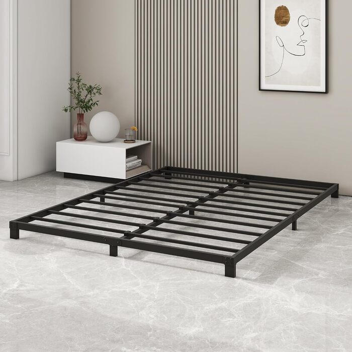 Ліжко-платформа з металу, каркас ліжка 140 x 200 см, низьке металеве ліжко з металевою рейковою основою, сучасне металеве ліжко для дорослих, дітей, підлітків, легке складання, двоспальне ліжко, чорне, висота 12 см, 140 x 200 см, чорне (низьке)