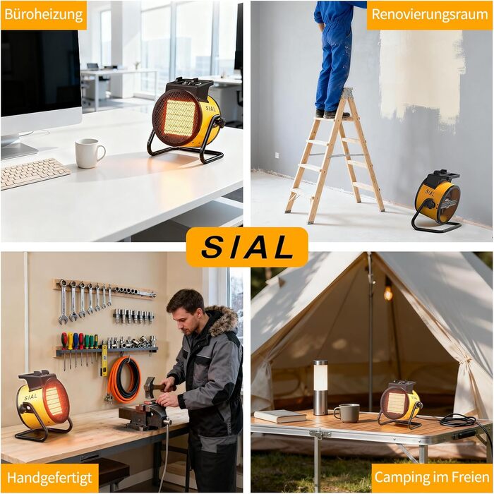 Тепловентилятор SIAL 2000 Вт - Електричний обігрівач - Керамічний радіаційний обігрівач - Будівельний обігрівач/осушувач повітря - Обігрівач із захистом від перегріву - Для будівельних майданчиків, будинків, майстерень, гаражів - P2 - Жовтий - 2 кВт