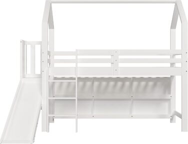 Дитяче двоярусне ліжко 90 x 200 см з гіркою, Багатофункціональне дитяче ліжко зі сходами та полицею для зберігання, Односпальне ліжко Treehouse з місцем для зберігання, Масив дерева МДФ, Білий