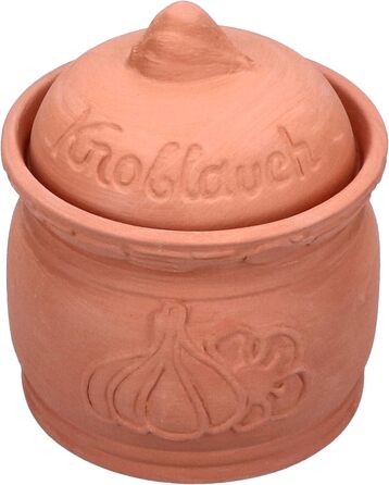 Горщик для часнику MamboCat Terra з теракоти Ø 12,8 см Глиняний горщик з кришкою для вашої кухні Гарної форми контейнер для зберігання з рельєфним малюнком та написами Ідеально підходить для тривалого зберігання