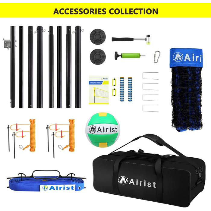 Волейбольна сітка Airist Heavy Duty для зовнішнього використання зі сталевою системою захисту від провисання, регульовані алюмінієві стійки