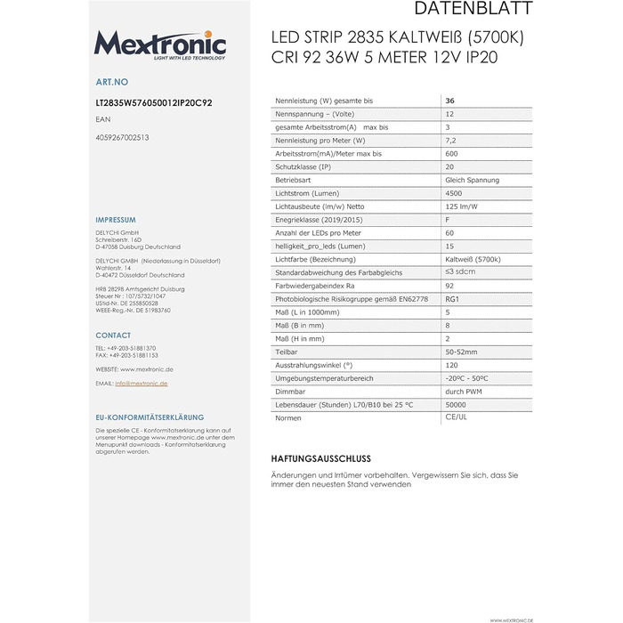 Світлодіодна стрічка Mextronic 2835, холодне біле світло (5700K), CRI 92, 36W, 5 метрів, 12V, IP20