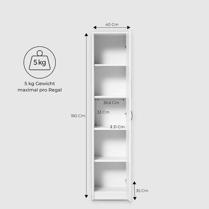 Домашня колекційна книжкова полиця, шафа-органайзер, біла, 40 см завширшки та 180 см заввишки, багатоцільова шафа з 4 регульованими полицями, картотечна шафа, настінна полиця, вузька дерев&39яна, для спальні