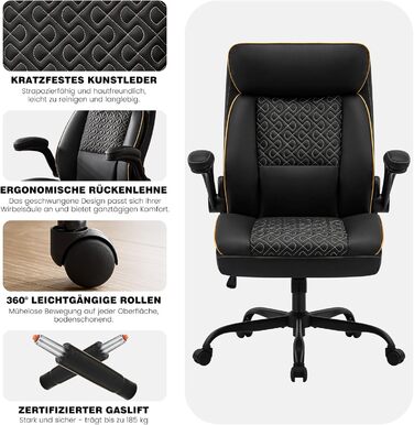 Офісне крісло для керівника Hellove, вантажопідйомність 185 кг, ергономічне робоче крісло зі штучної шкіри з регульованою спинкою та складними підлокітниками, обертове крісло з підголівником, комп&39ютерне крісло, крісло для домашнього офісу, чорне