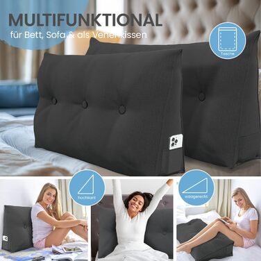 Подушка для спинки ELONEO шириною 100 см, клиноподібна подушка, підходить для ліжка та дивана, трикутна подушка для читання, подушка зі знімним чохлом, який можна прати, з практичною бічною кишенею, антрацит, 100 см