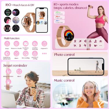 Жіночий смарт-годинник із функцією Bluetooth для телефону, спортивний годинник 1,27-дюймовий HD-сенсорний смарт-годинник із монітором серцевого ритму, монітором менструального циклу, монітором сну, понад 100 спортивними режимами, фітнес-годинник, водонепр